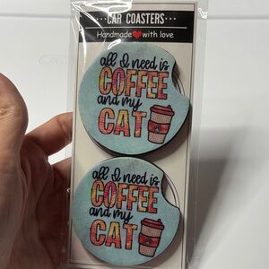 Handmade Car Coasters with Coffee and Cat Design